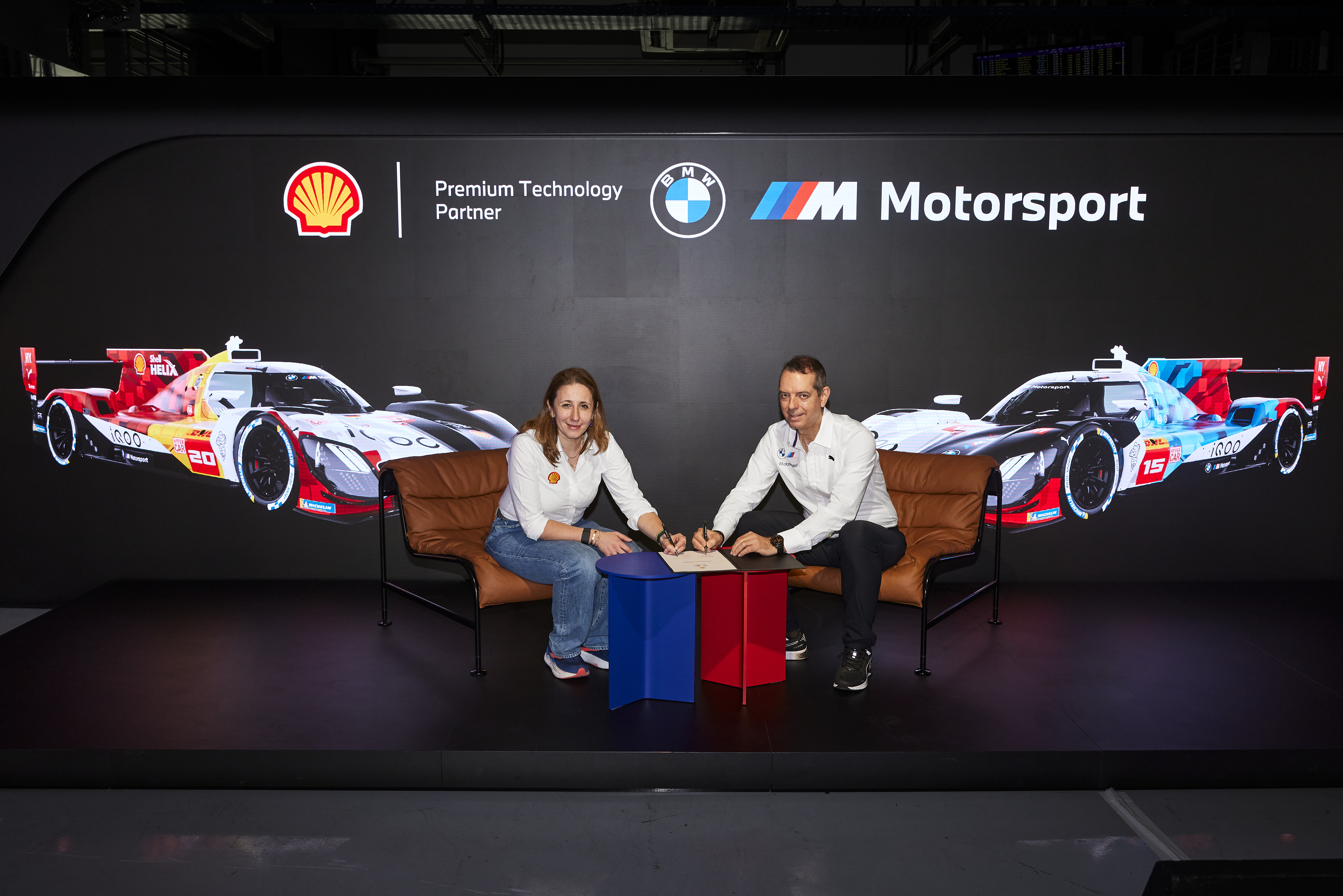 Abu Dhabi (UAE), 5 March 2025. BMW M Motorsport, Shell, partnership, contract, signature, Yas Marina Circuit, Franciscus van Meel, CEO of BMW M GmbH, Aysun Akik, Vice President of New Business Development and Global Key Accounts, Shell Lubricants