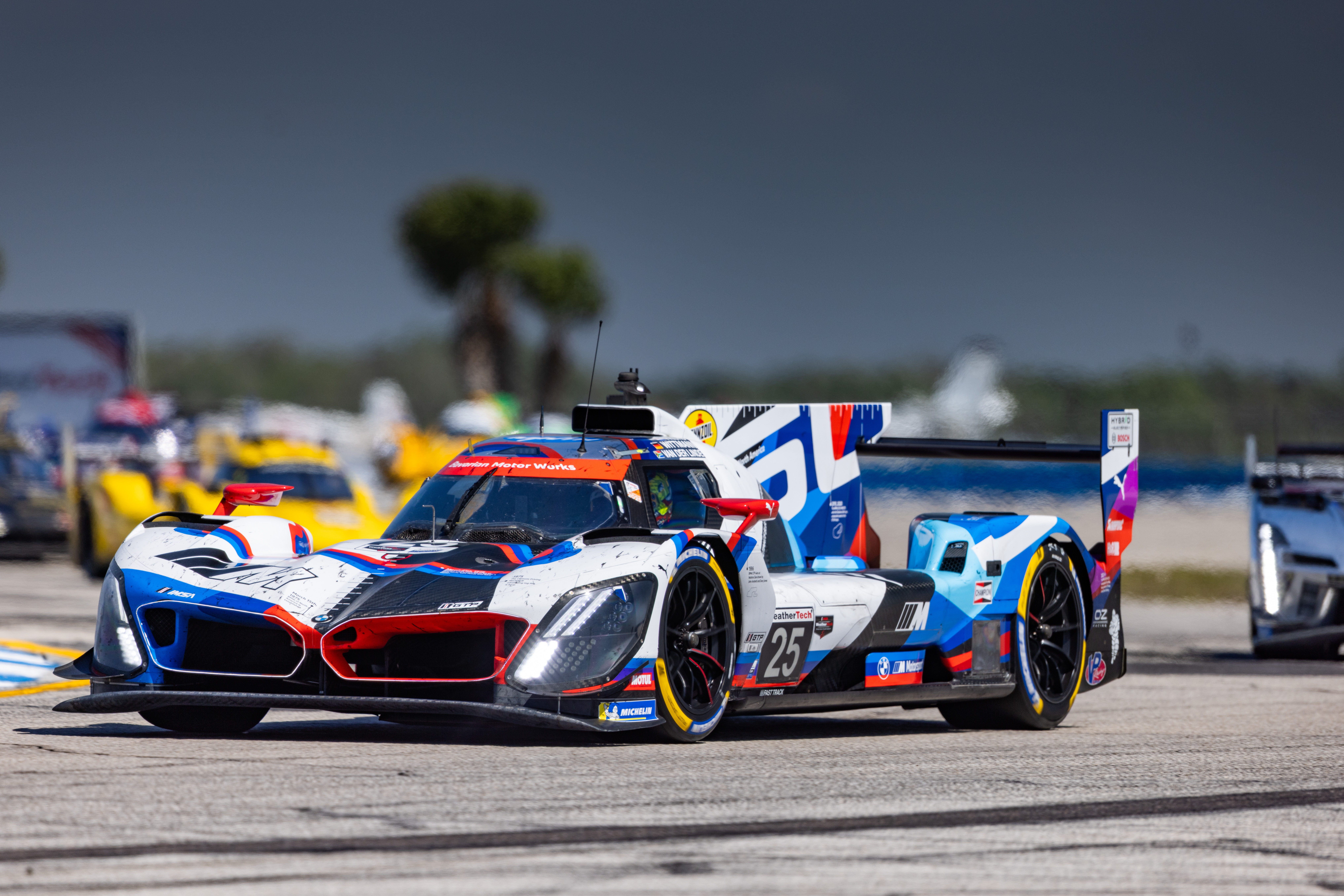Sebring (USA), 13th to 15th March 2025. IMSA WeatherTech SportsCar Championship, IWSC, Twelve Hours 12h of Sebring, GTP, BMW M Team RLL, #25 BMW M Hybrid V8, Sheldon van der Linde, Marco Wittmann, Robin Frijns, BMW of North America, 50 years, anniversary, livery, design, milestones